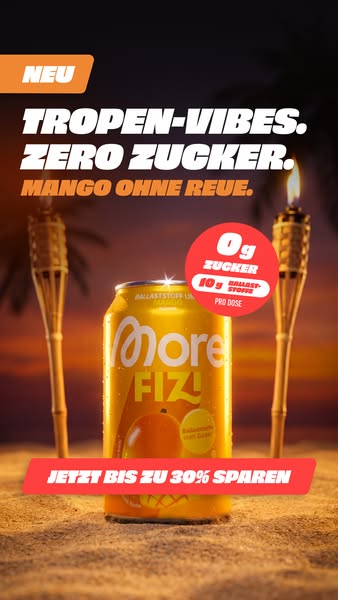 This ad highlights the key features of a tropical mango flavored zero-sugar drink.