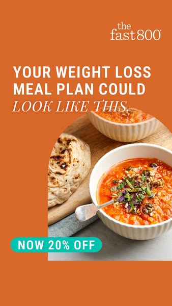 This image ad for The Fast 800 promotes a weight loss meal plan with a teal 'NOW 20% OFF' offer badge over an or