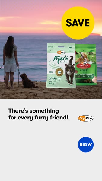 This ad shows a woman and her dog on a beach at sunset, promoting pet products from CopRice. It highlights both cat litt