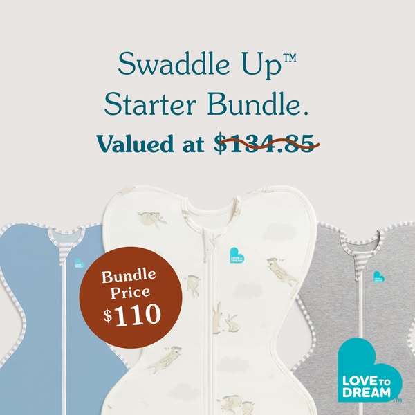 This ad promotes the Swaddle Up Starter Bundle at a discounted price. The image features three swaddles in different col