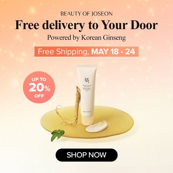 This ad for Beauty of Joseon promotes free shipping on their Revive Firming Moisturizer, powered by Korean Ginseng, from
