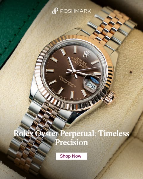 This ad showcases a Rolex Oyster Perpetual watch, emphasizing its timeless precision and encouraging viewers to shop now