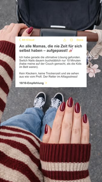 An image ad targeting busy moms, emphasizing the convenience and professional look of Switch Nails, which take only 10 m