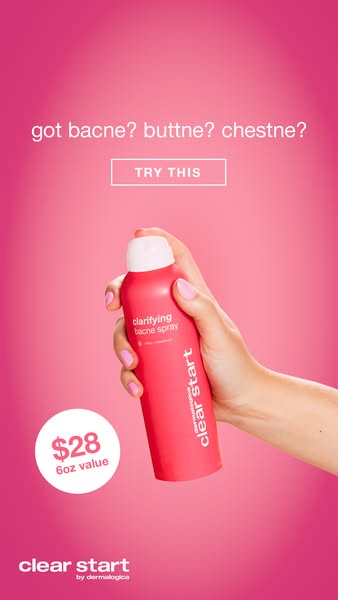 This image ad for Clear Start by Dermalogica highlights the brand's Clarifying Bacne Spray. It uses playful language