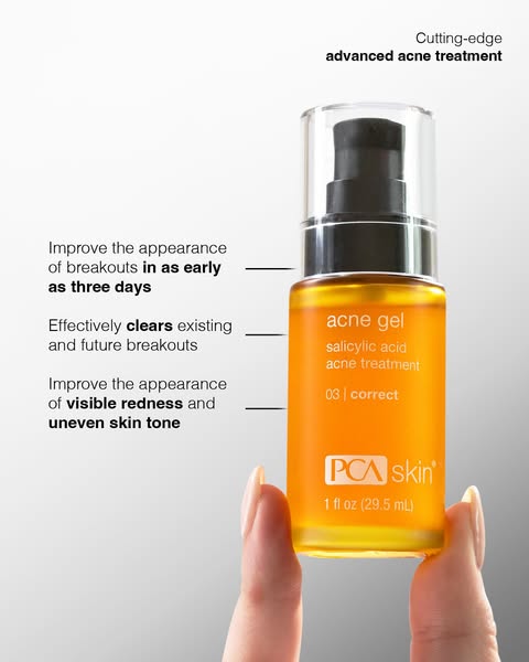 The ad showcases PCA Skin's acne gel, highlighting its ability to improve the appearance of breakouts in as early as