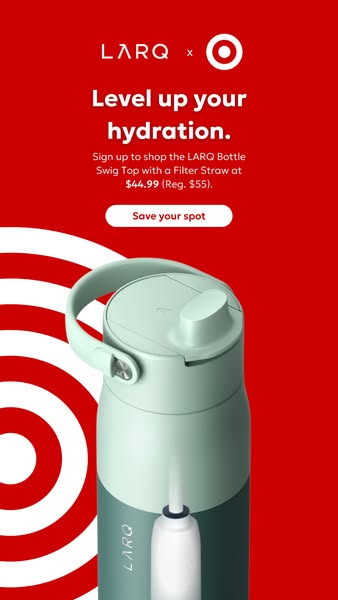 This image ad promotes a LARQ bottle with a filter straw available at Target. The ad features a product shot of the bott