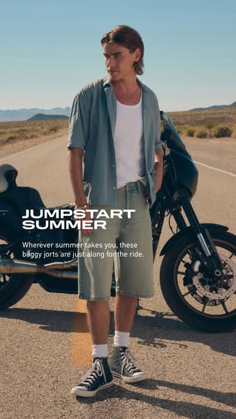 An ad for baggy jorts, suggesting they are perfect for wherever summer takes you. A male model is standing next to a mot