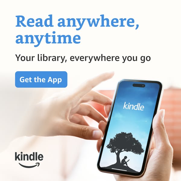 This is an image ad for the Kindle app. The ad copy states, "Read anywhere, anytime. Your library, everywhere you g