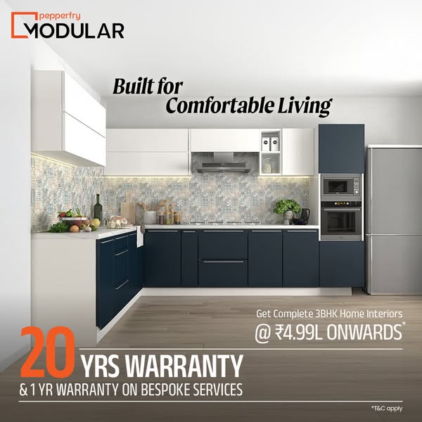 This image showcases a modern kitchen designed by Pepperfry Modular. It highlights a 20-year warranty and affordable pri