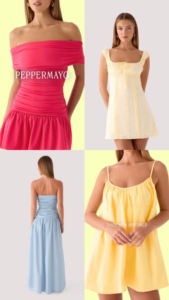 This image ad showcases several pastel colored dresses from Peppermayo using a quadrant layout, with the brand logo over