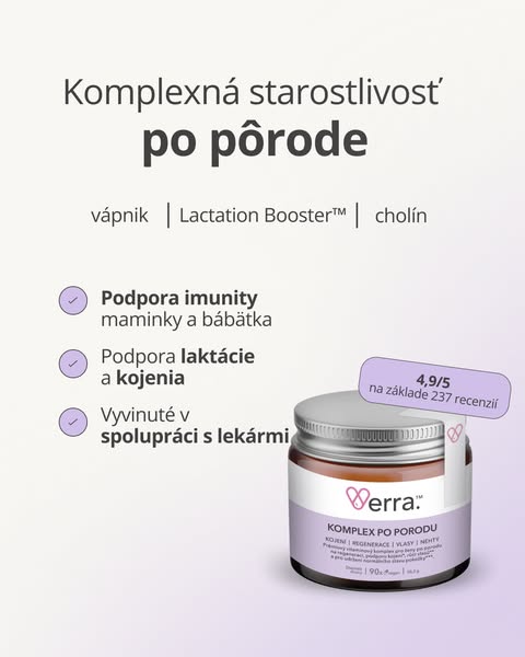 This ad promotes Verra's Komplex po porodu, a supplement for postpartum care. The ad highlights ingredients like cal