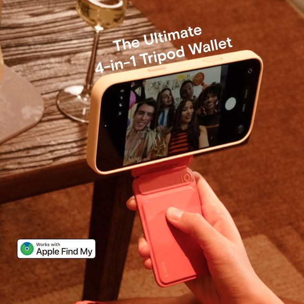 This image ad showcases a phone case with a built-in tripod wallet, emphasizing its 4-in-1 functionality. It highlights 