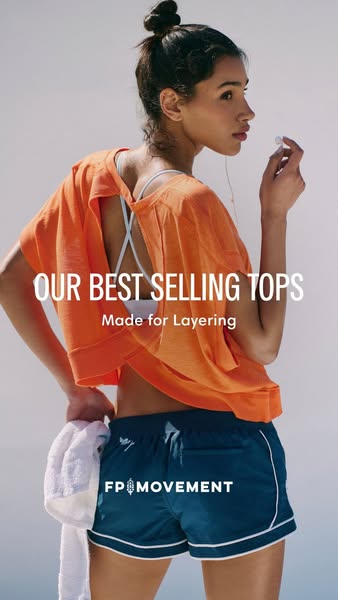 This image ad promotes FP Movement's best-selling tops, emphasizing their suitability for layering. It features a mo