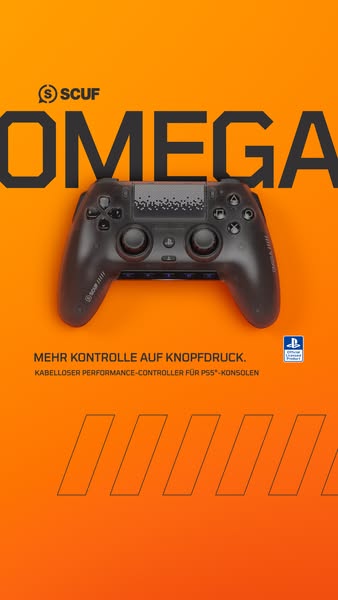 An image ad for the SCUF Omega wireless controller for the PS5, showcasing its main benefit of more control at the push 