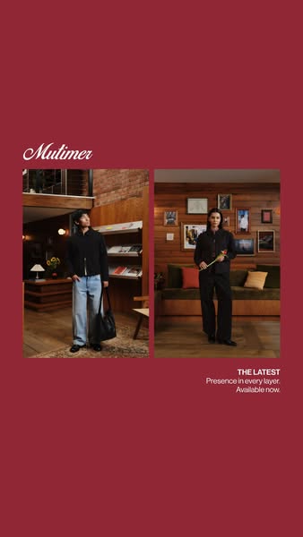 This is an image ad for Multimer, a clothing brand. It features a split screen with a male model on the left and a femal