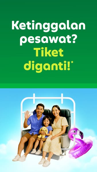 This image ad addresses the common travel problem of missing a flight. The ad features a family happily seated on an air