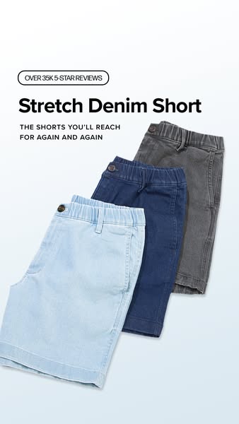 This image ad features three pairs of stretch denim shorts in different colors stacked diagonally over a gradient backgr