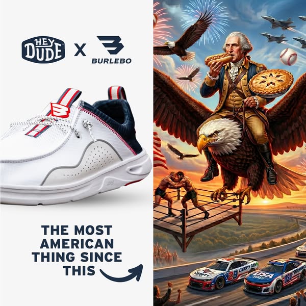 This ad features Hey Dude shoes with a patriotic theme. On the left, a shoe is pictured next to the Hey Dude and Burlebo