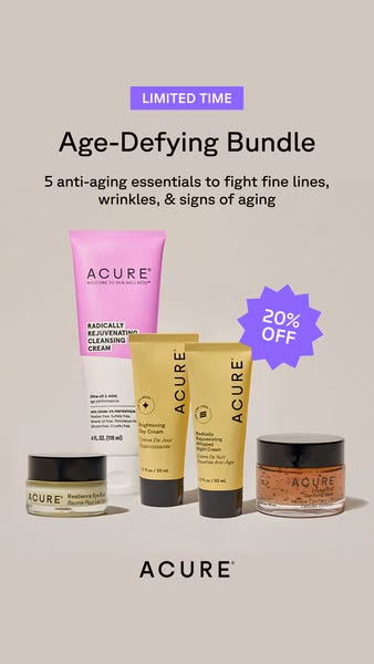 This image ad promotes an Age-Defying Bundle from ACURE, which contains five anti-aging skincare essentials. The product