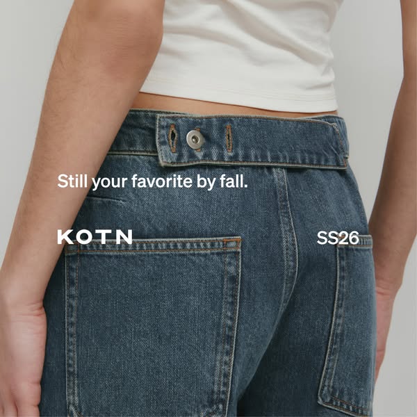 An ad for KOTN denim pants that emphasizes the products' enduring appeal into the fall season. The ad hones in on th