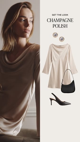 This ad shows a woman in a cream colored top on the left side of the frame and a curation of similar clothing options on