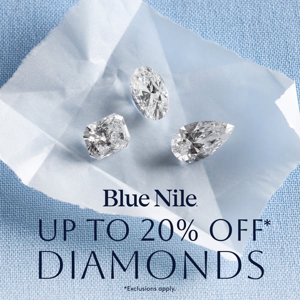 An image ad from Blue Nile promoting up to 20% off diamonds. The ad features three diamonds on a white tissue.