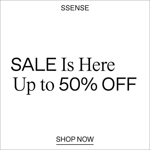 This image ad for SSENSE announces a sale of up to 50% off.