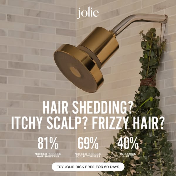 This ad highlights the Jolie showerhead and its ability to reduce common hair and skin issues. It emphasizes the brand&#