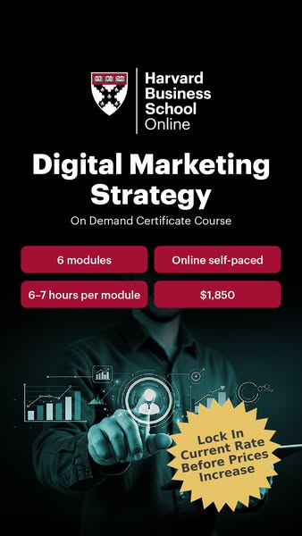 This image ad for Harvard Business School Online promotes a Digital Marketing Strategy on-demand certificate course. The