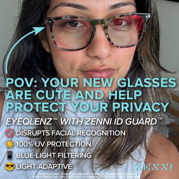 This ad for Zenni eyewear features a person wearing eyeglasses, highlighting that the lenses are designed with blue ligh