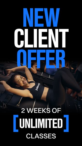 This image ad for [solidcore] promotes a new client offer of 2 weeks of unlimited classes. The ad features a woman smili