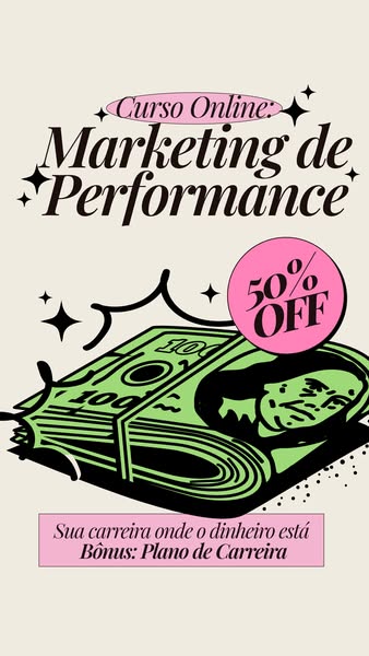 This image ad is for an online performance marketing course that is 50% off and will help customers in their careers.