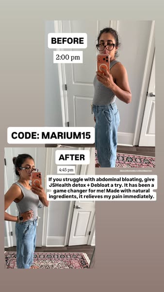 This ad uses a before and after format, and a customer testimonial about JSHealth Detox + Debloat, while also providing 