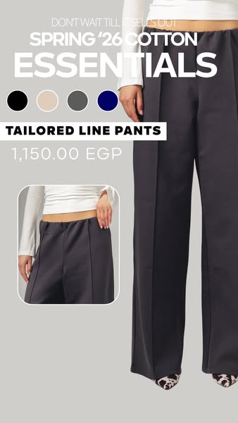 This image ad showcases tailored line pants available in four colors. It uses a lifestyle shot, includes a close-up inse
