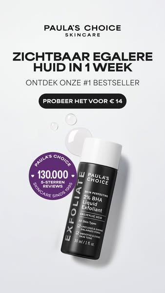 This ad promotes Paula's Choice Skin Perfecting 2% BHA Liquid Exfoliant. It highlights the product's ability to 