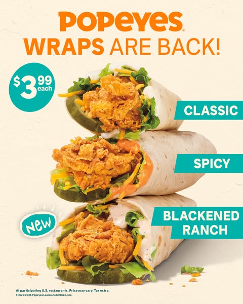This image showcases three Popeyes wrap varieties (classic, spicy, and blackened ranch) stacked on top of each other. Th