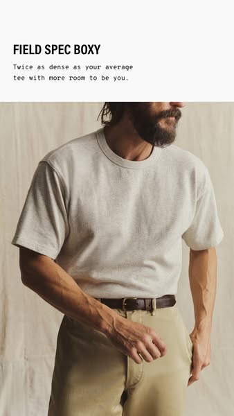 An advertisement for "FIELD SPEC BOXY" that focuses on the tee being twice as dense as your average tee with m