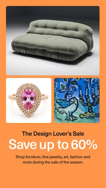 This image ad promotes a sale on furniture, fine jewelry, art, and fashion. The ad shows a grey couch, a ring with a pin