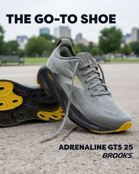 This ad showcases the Brooks Adrenaline GTS 25 running shoe. The ad highlights the shoe's design and positions it as