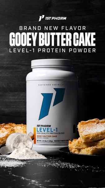 Ad for 1st Phorm's Level-1 protein powder in a new Gooey Butter Cake flavor. The ad features the product container a