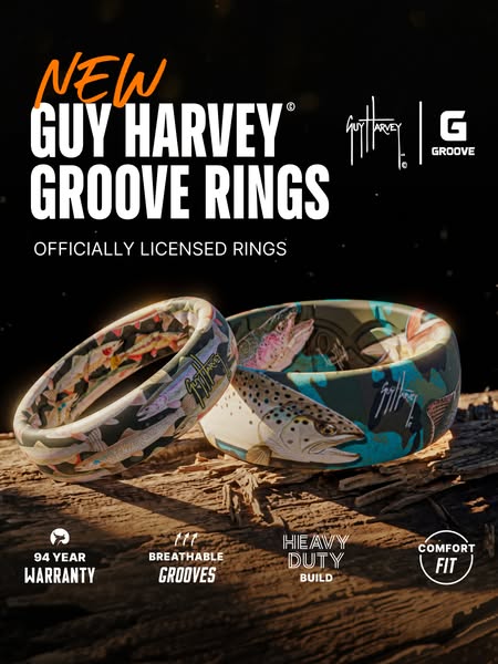 An advertisement for Guy Harvey Groove Rings featuring product details and an image of the rings on wood.