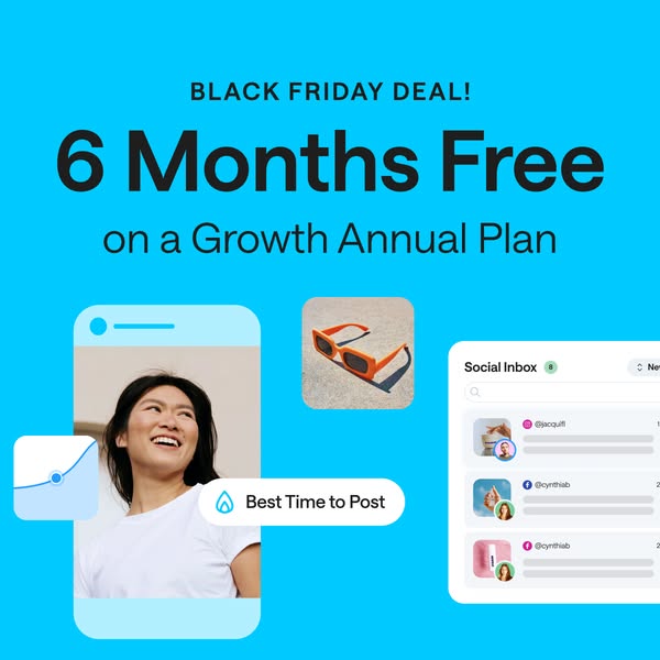 This ad promotes a Black Friday deal for a social media management platform, offering 6 months free on a Growth Annual P