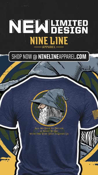 This image ad promotes Nine Line Apparel's new limited-edition T-shirt design, which features an image of a wizard, 