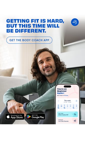 This image ad for The Body Coach app features Joe Wicks and promotes the app as a solution to the difficulty of getting 