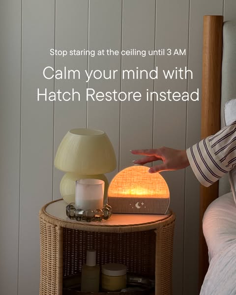 This image ad showcases the Hatch Restore device. It highlights its calming benefits for those struggling to fall asleep