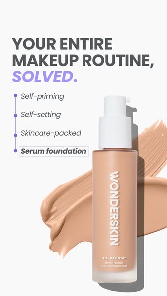 This image ad showcases WONDERSKIN's All-Day Stay Hyper-Bond Serum Foundation, highlighting its self-priming, self-s
