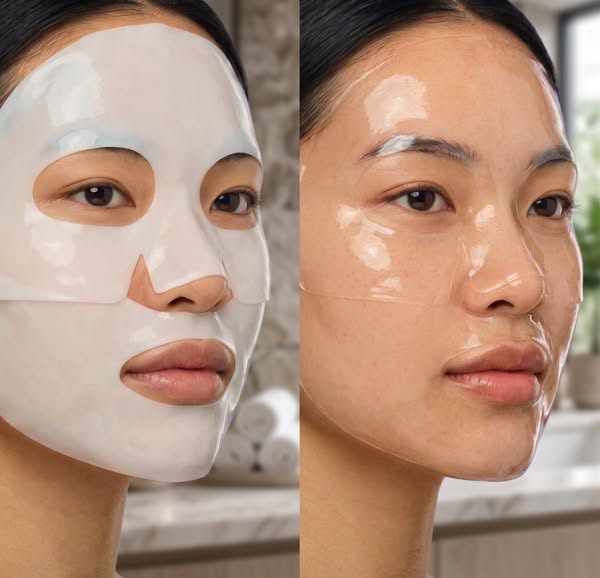 The ad shows a before-and-after photo of a woman's face using a face mask. The image on the left depicts her wearing