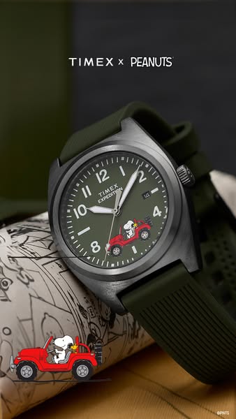 This image ad showcases a Timex Expedition watch in a close-up studio shot. The watch is part of a collaboration with Pe
