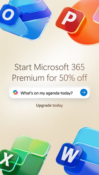 Ad for Microsoft 365 Premium featuring a 50% discount. The ad includes the Microsoft logos and a search bar featuring a 