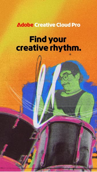 This image ad for Adobe Creative Cloud Pro features a man playing the drums with the headline, "Find your creative 